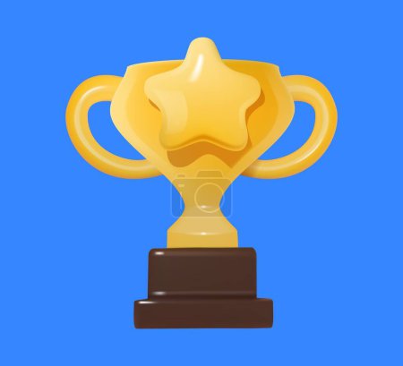 Goldene 3D-Trophäe mit Sternenemblem auf blauem Hintergrund, die Leistung, Erfolg und Sieg symbolisiert.