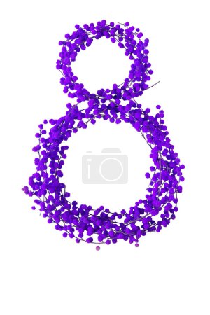 Photo for Gender equality and IWD symbol. Purple digit eight made of mimosa spring flowers branches isolated on white - Royalty Free Image