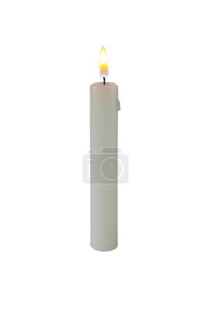 Burning candle made of white paraffin wax isolated on white. Bright flame.