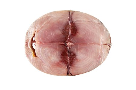 Photo for Albacore or thunnus alalunga or longfin tuna unprepared fish steak isolated on white. Bonito del norte slice flat lay. - Royalty Free Image