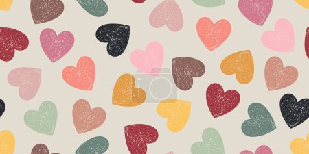 Nahtloses Muster handgezeichneter Burgunder, brauner, grüner, pinkfarbener und gelber Herzen auf beigem Hintergrund. Grunge-Stil. Kontinuierlicher Hintergrund für Verpackungen, Packpapier, Packpapier
