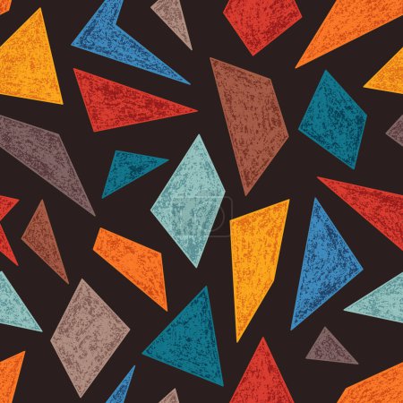 Illustration for Abstract Bright Seamless Pattern of Hand-Drawn Colorful Geometric Figures on Dark Background. Style of Children's Drawing. Continuous Background with Asymmetric Shapes for Universal Application. - Royalty Free Image