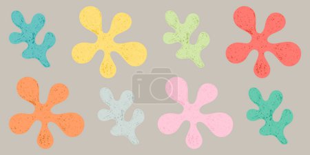 Set aus isolierten Designelementen Abstraktes Grün, Orange, Rot, Rosa, Gelb, Grau und Minze Blumen und Blätter. Stil der Kinderzeichnung. Kit aus strukturierten gezeichneten einfachen Symbolen.