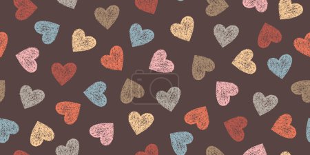 Einfaches nahtloses Muster handgezeichneter kleiner Herzen auf dunklem Hintergrund. Stil der Kinderzeichnung. Endloshintergrund mit Herzen für Verpackungen, Packpapier, Packpapier.