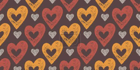 Symmetrisches nahtloses Muster handgezeichneter roter und gelber Herzen auf braunem Hintergrund. Stil der Kinderzeichnung. Kontinuierlicher Hintergrund mit romantischen Symbolen für universelle Anwendung.