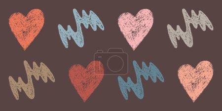 Set von Designelementen Handgezeichnete rosa, rote, blaue Herzen und Kritzeleien isoliert auf dunkelbraunem Hintergrund. Stil der Kinderzeichnung. Kit aus strukturierten gezeichneten einfachen romantischen Symbolen.