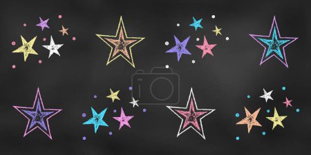 Chalk Drawn Sketch. Set of Design Elements Colorful Combinations of Stars Isolated on Chalkboard Backdrop. Kit of Textural Crayon Drawings of Night Sky Symbols of Different Colors on Blackboard.