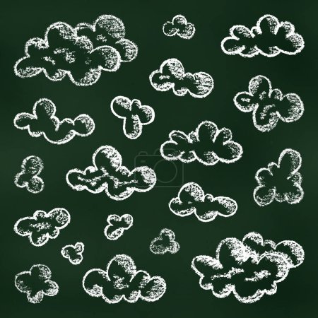Children's Chalk Drawn Sketch. Set of Design Elements White Clouds Isolated on Chalkboard Backdrop. Kit of Textural Crayon Drawings of Simple Shapes Clouds on Blackboard.