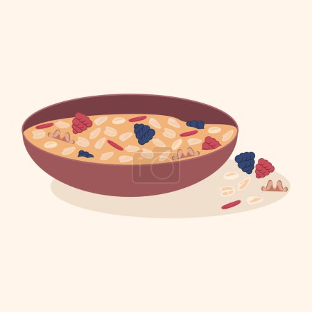 Foto de Avena desayuno, copos de avena Cuenco con gachas de leche, frutas, frutos secos vector ilustración diseño aislado - Imagen libre de derechos
