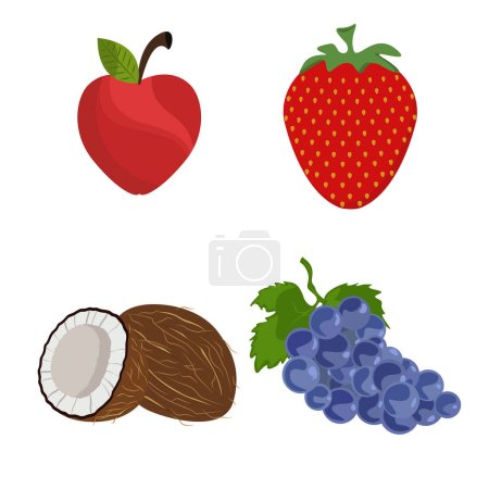 Foto de Fresa coco uva manzana fruta conjunto vector ilustración diseño aislado - Imagen libre de derechos