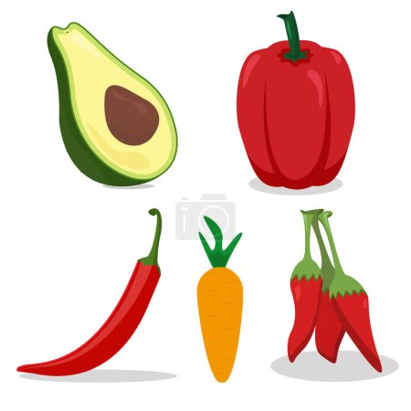 Foto de Aguacate Bell, picante rojo y pimientos chile icono de zanahoria icono conjunto vector ilustración diseño aislado - Imagen libre de derechos