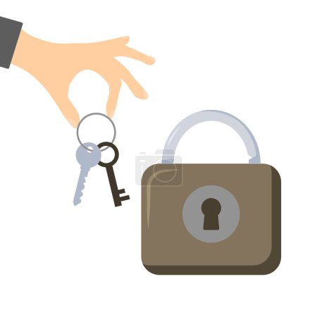 Foto de Lock and bunch of keys on a ring in hand vector illustration design isolated concept - Imagen libre de derechos