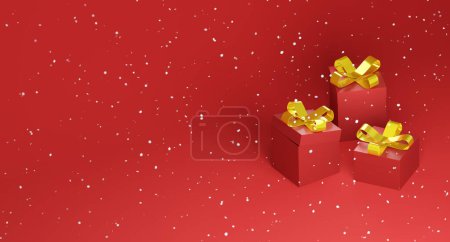 Téléchargez les photos : Rendu 3d de boîtes-cadeaux rouges avec des nœuds d'arc en or mignon. Vacances d'hiver, illustration liée à Noël de cadeaux avec espace texte, fond rouge - en image libre de droit