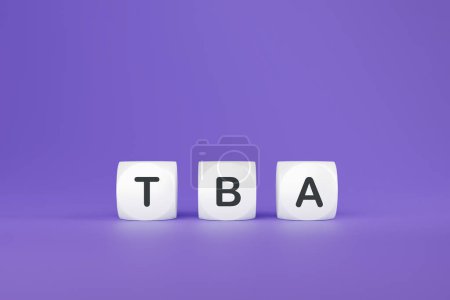 Foto de Baldosas de plástico blanco con signo de TBA apilados en fondo violeta, representación 3d. Cubos de letras con negocios, correspondencia de trabajo y conceptos comerciales - Imagen libre de derechos