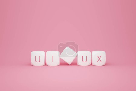 Cartel UX en color rosa con baldosas de plástico blanco, representación 3D. Cubos de letras con diseño, interfaz de usuario y signo de usabilidad, conceptos