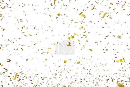 Photo for Golden ribbons, festive glitter on white background, 3d rendering. Digital illustration of gold confetti on transparrent backdrop - Royalty Free Image