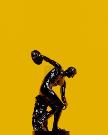 Photo for Discobolus, 3d rendering of a public domain statue in vibrant colors. Greek culture and mythology, abstract art poster of an ancient scultpure rendered in glossy black texture - Royalty Free Image