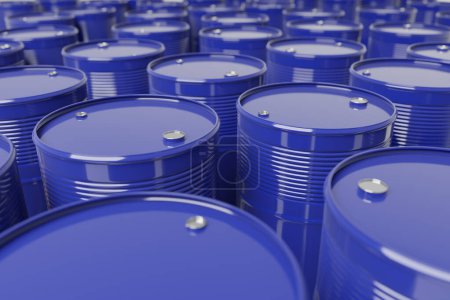 Large quantity of blue oil barrels, 3d rendering. Crude oil, fos