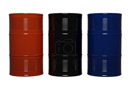 Rote, schwarze und blaue glänzende Ölfässer, 3D-Rendering. Illustrationen von Ölfässern auf isoliertem Hintergrund