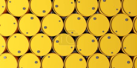 Gran pila industrial de barriles de petróleo, renderizado 3d. Conceptos de petróleo crudo, comercio de combustibles fósiles y economía a gran escala