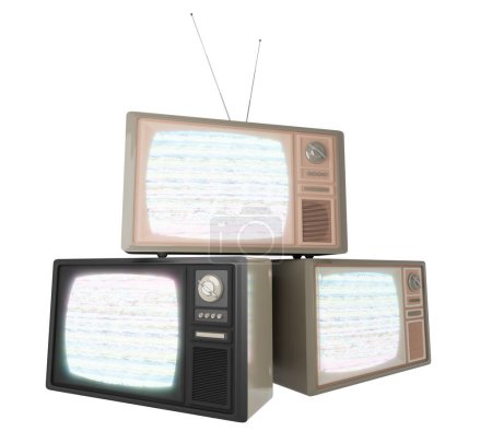 Téléchargez les photos : Téléviseurs vintage avec écrans anti-bruit en arrière-plan isolé, rendu 3d. Regarder l'actualité, les médias, la vidéo à la télévision, les technologies obsolètes et obsolètes - en image libre de droit