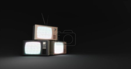 Téléchargez les photos : Téléviseurs vintage avec écran anti-bruit en fond noir, rendu 3d. Regarder l'actualité, les médias, la vidéo à la télévision, les technologies obsolètes et obsolètes - en image libre de droit