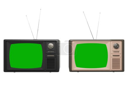 Téléchargez les photos : Téléviseurs vintage avec écrans chromatiques en arrière-plan isolé, rendu 3d. Actualités, médias, vidéo à la télévision, technologie obsolète et obsolète, écran vert - en image libre de droit
