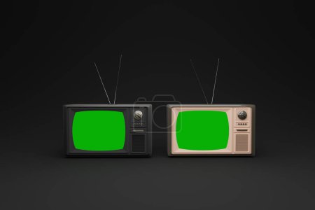 Téléchargez les photos : Téléviseurs vintage avec écrans chromatiques en fond noir, rendu 3d. Actualités, médias, vidéo à la télévision, technologie obsolète et obsolète, écran vert - en image libre de droit