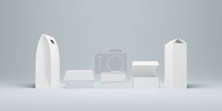 Photo for Paper food packaging options, 3d rendering mockup on gray background. Product packages recyclable and reusable carton lunch boxes - Royalty Free Image