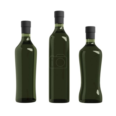 Téléchargez les photos : Green glass bottles in various shapes, 3d rendering. Cooking vegetable oil vials in isolated background, mockup design - en image libre de droit
