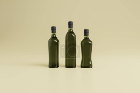 Téléchargez les photos : Green glass bottles in various shapes, 3d rendering. Cooking vegetable oil vials in copy space background, mock-up design - en image libre de droit