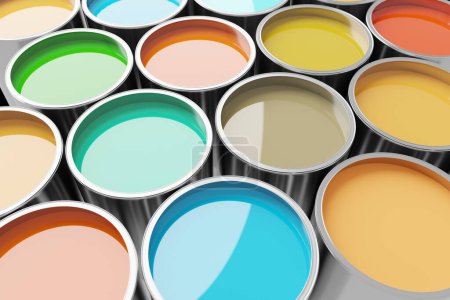 Foto de Buckets of multi coloured paint, 3d rendering. Digital illustration of vibrant dye for reconstruction or paintwork - Imagen libre de derechos