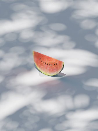 Téléchargez les photos : Slice of a watermelon in tropical background, 3d rendering. Delicious fruit illustration, summer and seasonal concept - en image libre de droit