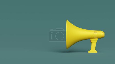 Mégaphone moutpiece jaune en fond vert, rendu 3d. Manifestation publique, liberté d'expression, concept d'annonce ou de publicité