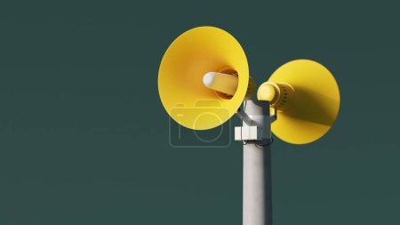 Gelbe Lautsprecher für Lautsprecherdurchsagen auf einem Pfosten vor grünem Hintergrund, 3D-Darstellung. Benachrichtigungs-Megaphone im Freien für Durchsage oder Luftangriff-Alarm