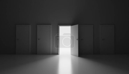 Open door next to closed doors in dark background, 3d rendering. Concept of opportunity, job offering, corporate growth or seeking the right decisions