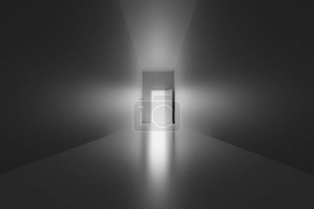 Offene Tür mit hellem Licht am Ende des dunklen Korridors, 3D-Darstellung. Licht am Ende des Tunnels, Konzept des Jenseits, Nahtoderfahrung, religiöse christliche Zeichen