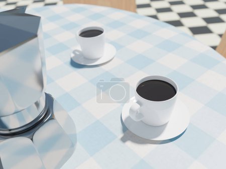 Cafetière Moka avec tasses à expresso, gros plan, rendu 3d. Culture et cuisine italienne du café, nappe rétro et carreaux de sol