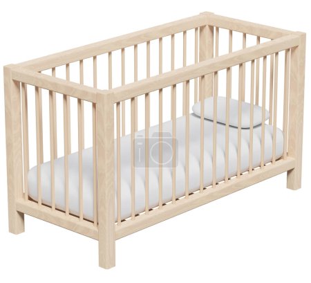 Wooden baby crib against isolated background, 3d rendering. Giving birth, having children, interior decor and furniture for a newborn