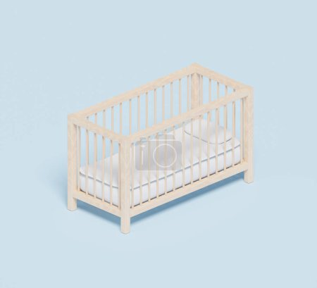Wooden baby crib against pastel background, 3d rendering. Giving birth, having children, interior decor and furniture for a newborn