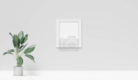 Photo for Mockup of a generic room with grey wall, white floor, empty picture frame and a plant, 3d rendering. Template and background of a living room or a hall with copy space - Royalty Free Image