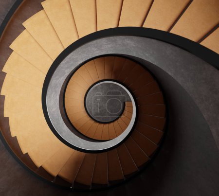 Téléchargez les photos : Escalier en colimaçon vue de dessus, rendu 3d. Illustration numérique des escaliers en bois courbé descendant - en image libre de droit