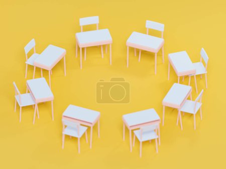 Téléchargez les photos : Bureau d'école élémentaire stylisé et groupe de chaises, rendu 3d. Illustration numérique d'un groupe préscolaire ou jardin d'enfants en arrière-plan vibrant - en image libre de droit