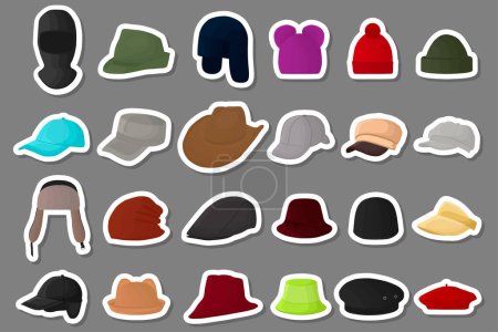 Téléchargez les illustrations : Illustration sur le thème grand kit différents types chapeaux, belles casquettes en fond blanc, modèle de casquettes composé de la collection divers chapeaux à porter sur la tête, chapeaux design diversifié, casquettes pour la météo - en licence libre de droit