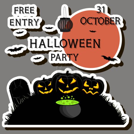 Téléchargez les illustrations : Illustration sur autocollant thème pour fête fun vacances Halloween avec citrouilles orange - en licence libre de droit