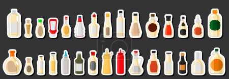 Illustration for Illustration on theme big kit varied glass bottles filled liquid garlic sauce, bottles consisting from garlic sauce, empty labels for titles, garlic sauce in full bottles with plastic cork to meal - Royalty Free Image