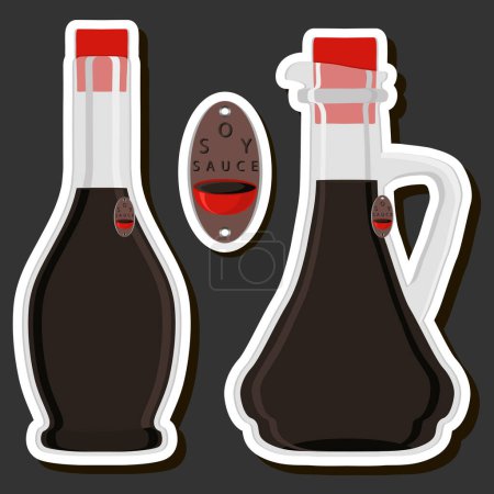 Illustration for Illustration on theme big kit varied glass bottles filled liquid soy sauce, bottles consisting from soy sauce, empty labels for titles, soy sauce in full bottles with plastic cork to tasty fast meal - Royalty Free Image