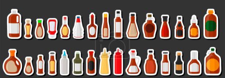 Illustration for Illustration on theme kit varied glass bottles filled liquid sauce maple syrup, bottles consisting from sauce maple syrup, empty labels for titles, sauce maple syrup in full bottles with plastic cork - Royalty Free Image
