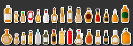 Illustration for Illustration on theme big kit varied glass bottles filled thick sauce mustard, bottles consisting from sauce mustard, empty labels for titles, sauce mustard in full bottles with plastic cork to meal - Royalty Free Image