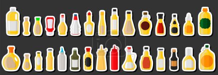 Illustration for Illustration on theme big kit varied glass bottles filled liquid cheese sauce, bottles consisting from cheese sauce, empty labels for titles, cheese sauce in bottles with plastic cork to fast meal - Royalty Free Image